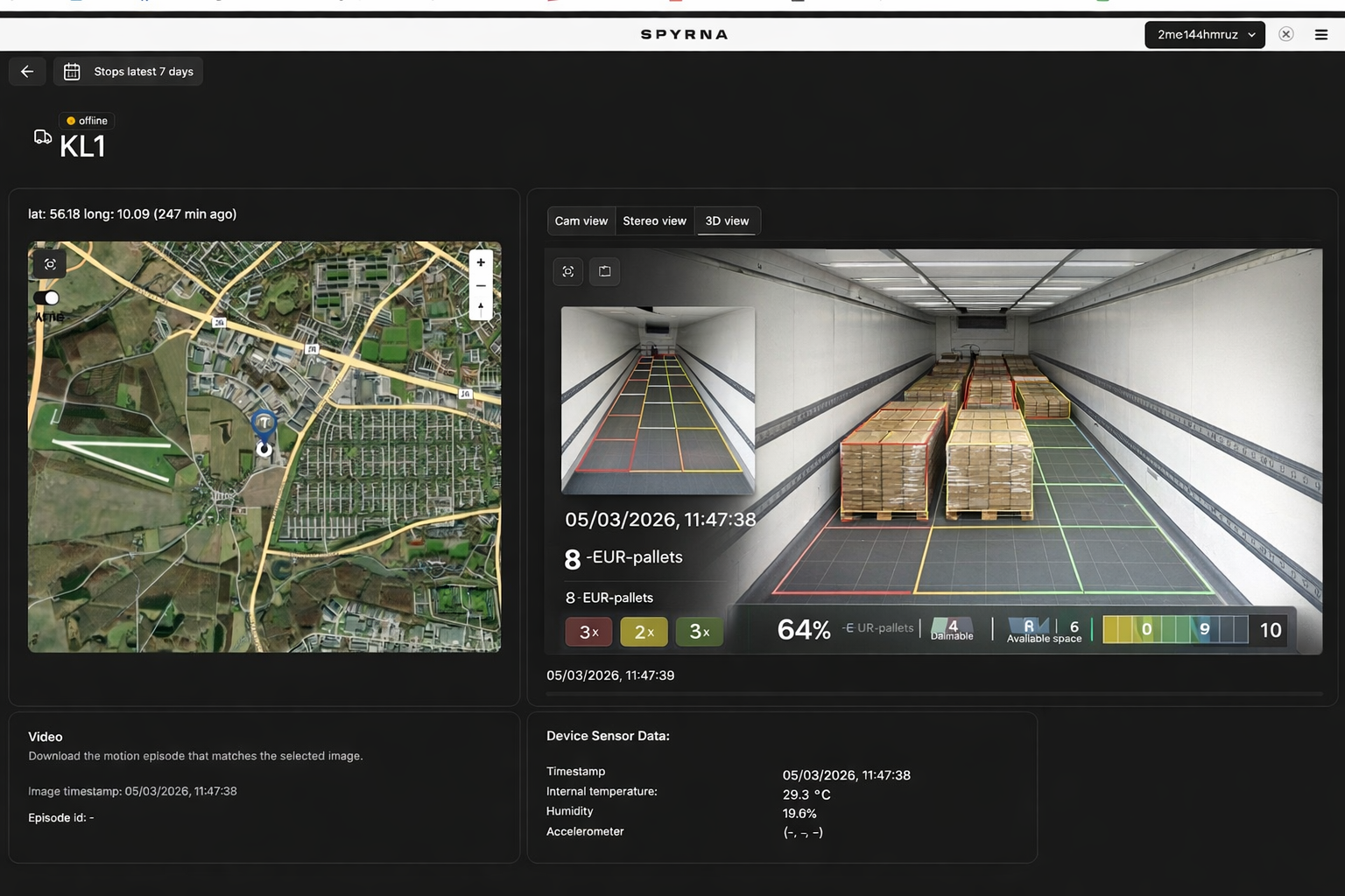Spyrna 2D/3D dashboard — fleet manager view of trailer cargo